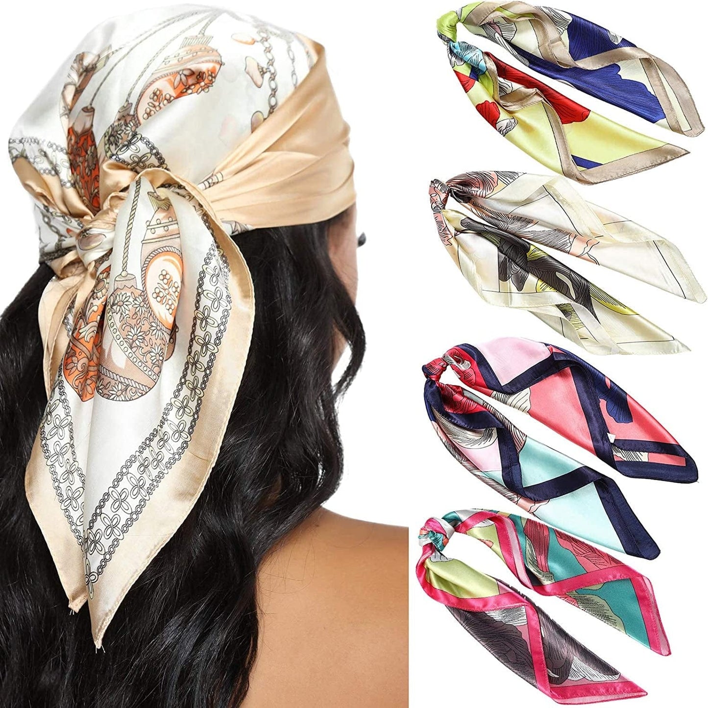 23.6 Inches Satin Head Scarves for Women 4PCS Square Silk like Hair Scarves Silk Hair Bandanas Apparel & Accessories > Clothing Accessories > Bandanas & Headties AWAYTR Multicolor #3