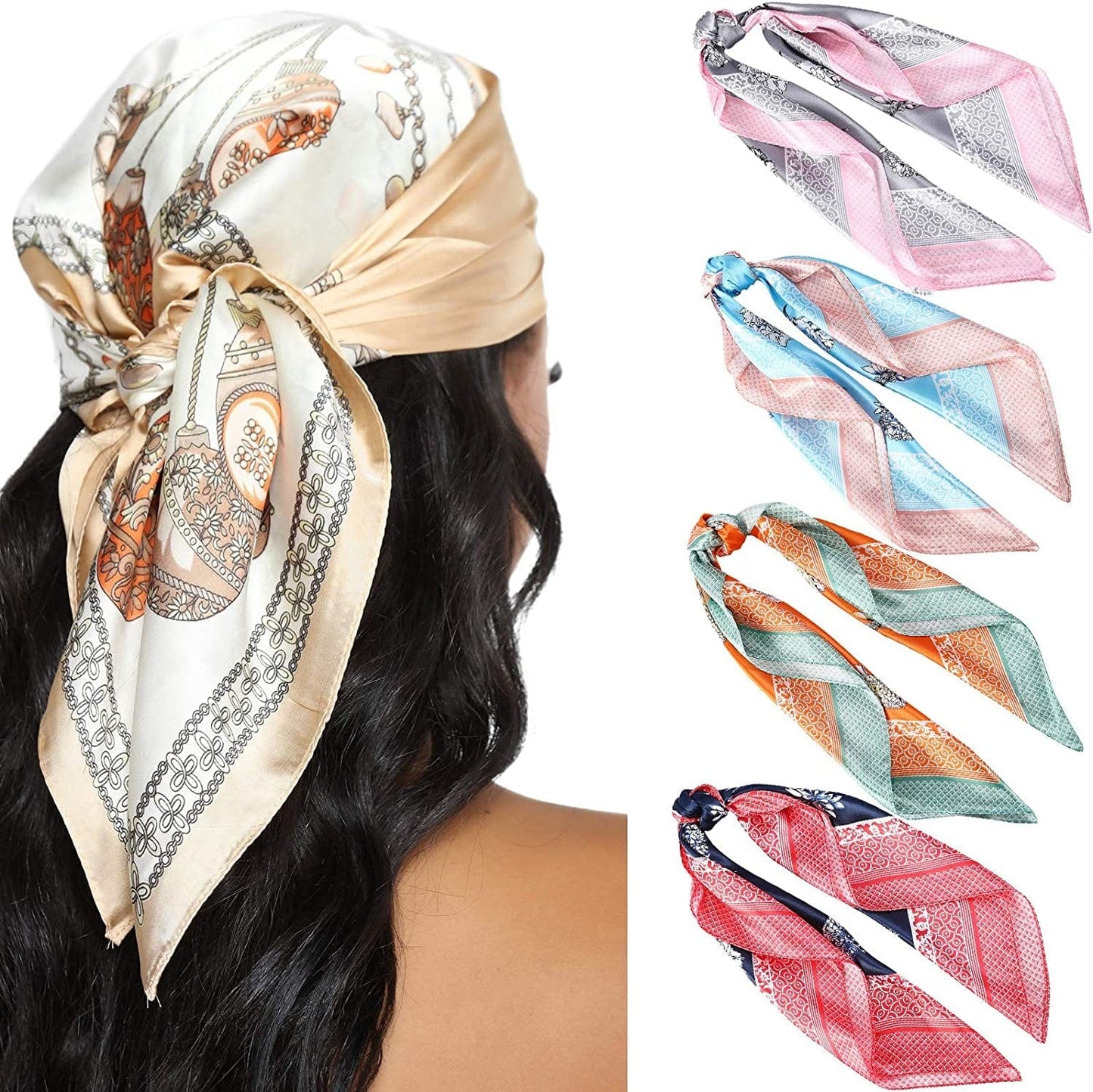 23.6 Inches Satin Head Scarves for Women 4PCS Square Silk like Hair Scarves Silk Hair Bandanas Apparel & Accessories > Clothing Accessories > Bandanas & Headties AWAYTR Flower #2