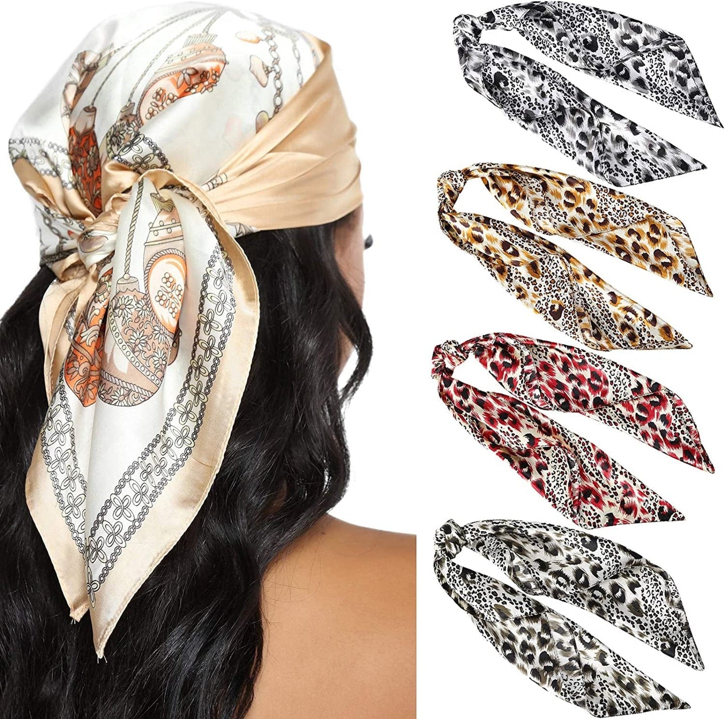 23.6 Inches Satin Head Scarves for Women 4PCS Square Silk like Hair Scarves Silk Hair Bandanas Apparel & Accessories > Clothing Accessories > Bandanas & Headties AWAYTR Leopard
