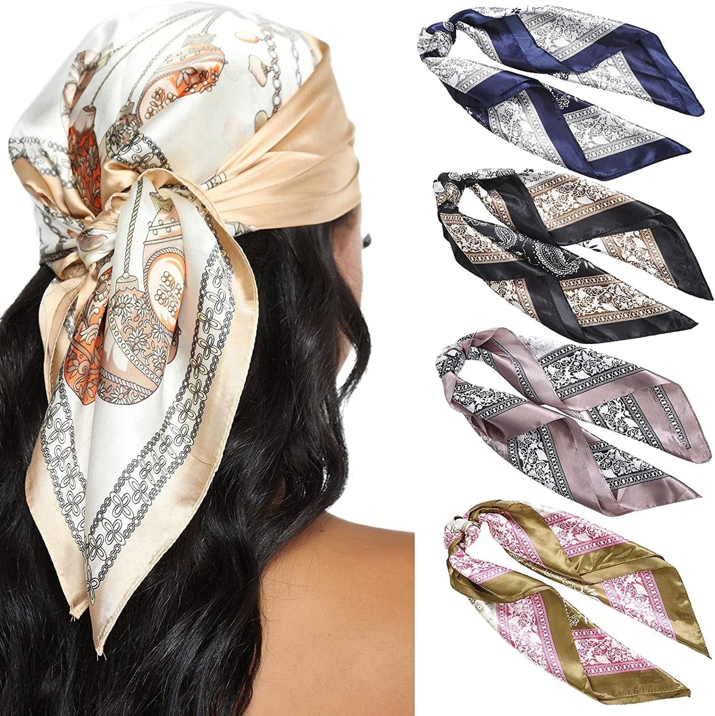 23.6 Inches Satin Head Scarves for Women 4PCS Square Silk like Hair Scarves Silk Hair Bandanas Apparel & Accessories > Clothing Accessories > Bandanas & Headties AWAYTR Cashew(splicing)