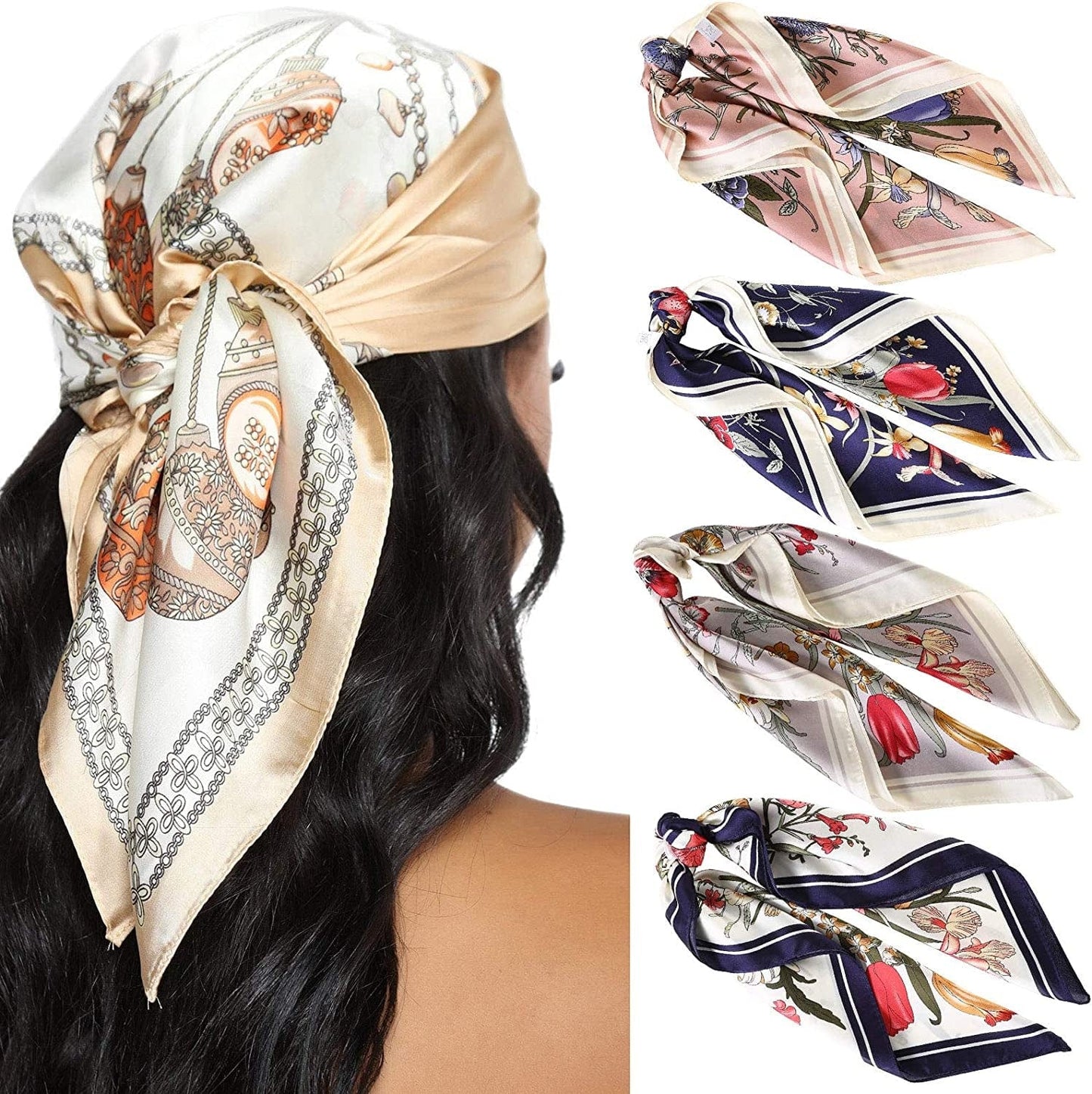 23.6 Inches Satin Head Scarves for Women 4PCS Square Silk like Hair Scarves Silk Hair Bandanas Apparel & Accessories > Clothing Accessories > Bandanas & Headties AWAYTR Flower #3