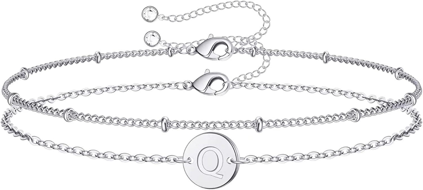 Silver Initial Bracelets for Women Teen Girls, 14K White Gold Filled Layered Letter Initial Bracelet Dainty Disc Initial Charm Bracelets Silver Bracelets for Women Girls Jewelry Gifts for Girls Apparel & Accessories > Jewelry > Bracelets MONOZO Q