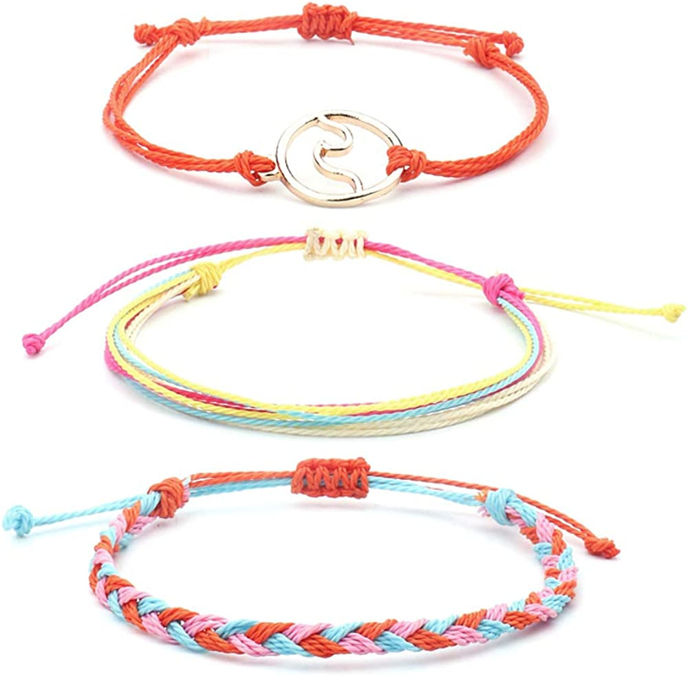 Softones VSCO String Wave Bracelets for Women Girls Handmade Colorful Waterproof Adjustable Braided Beach Bracelet Set for Women Apparel & Accessories > Jewelry > Bracelets Softones N:3Pcs Orange Wave