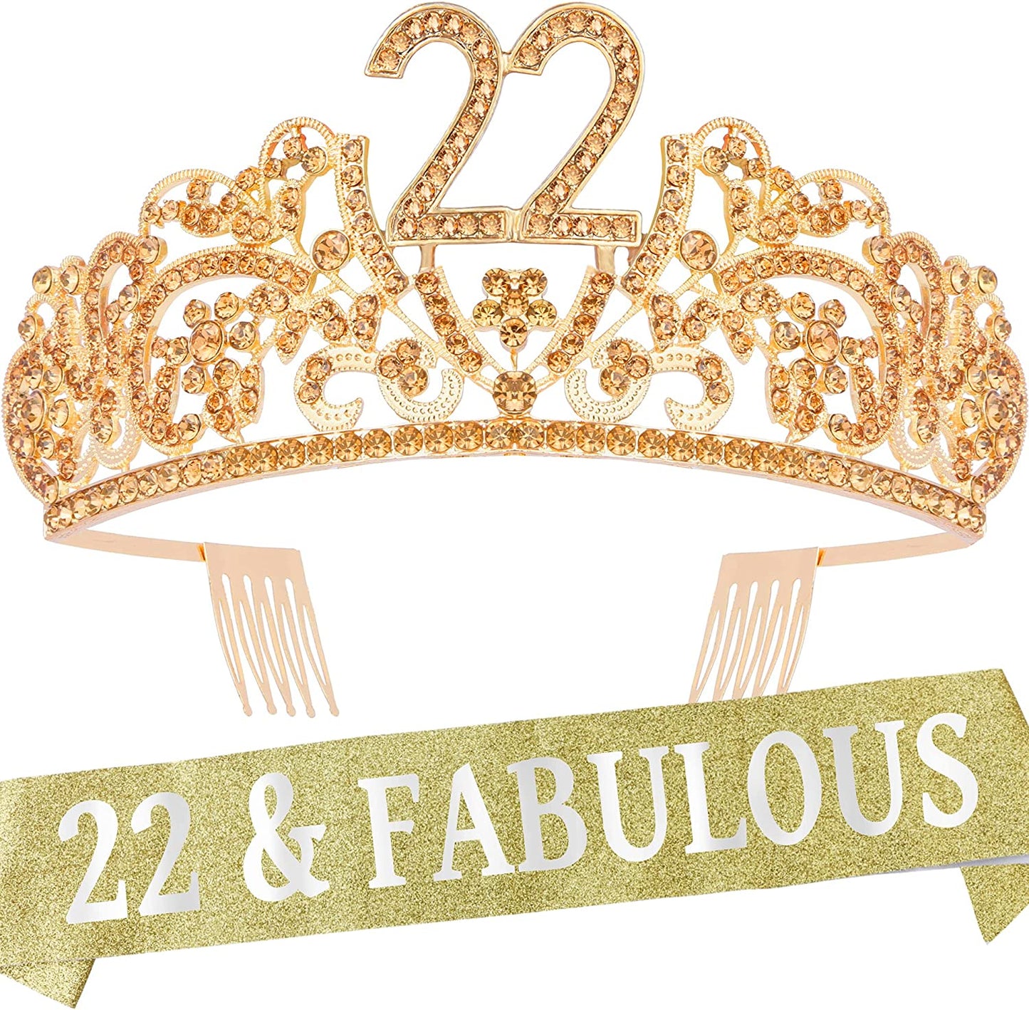 Verymerrymakering 22Th Birthday Sash and Tiara for Girls - Fabulous Set: Glitter Sash + Flowers Rhinestone Pink Premium Metal Tiara for Girls, 22Th Birthday Gifts for 22Th Birthday Party Apparel & Accessories > Clothing Accessories > Sashes VeryMerryMakering Gold