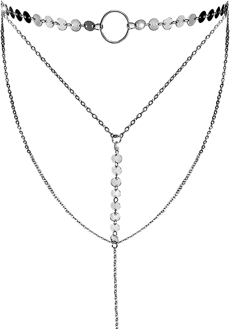 Suyi Stylish Layered Sequins Choker Necklace with Thin Long Chain Pendant for Women Lady Girl Apparel & Accessories > Jewelry > Necklaces Suyi A-Silver