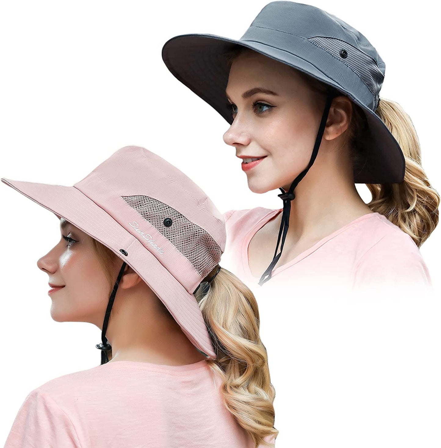 Muryobao 2 Pack Women Ponytail Summer Sun Hat UV Protection Wide Brim Foldable Safari Fishing Cap Apparel & Accessories > Clothing Accessories > Hats Muryobao 2 Pack - Pure Pink & Grey