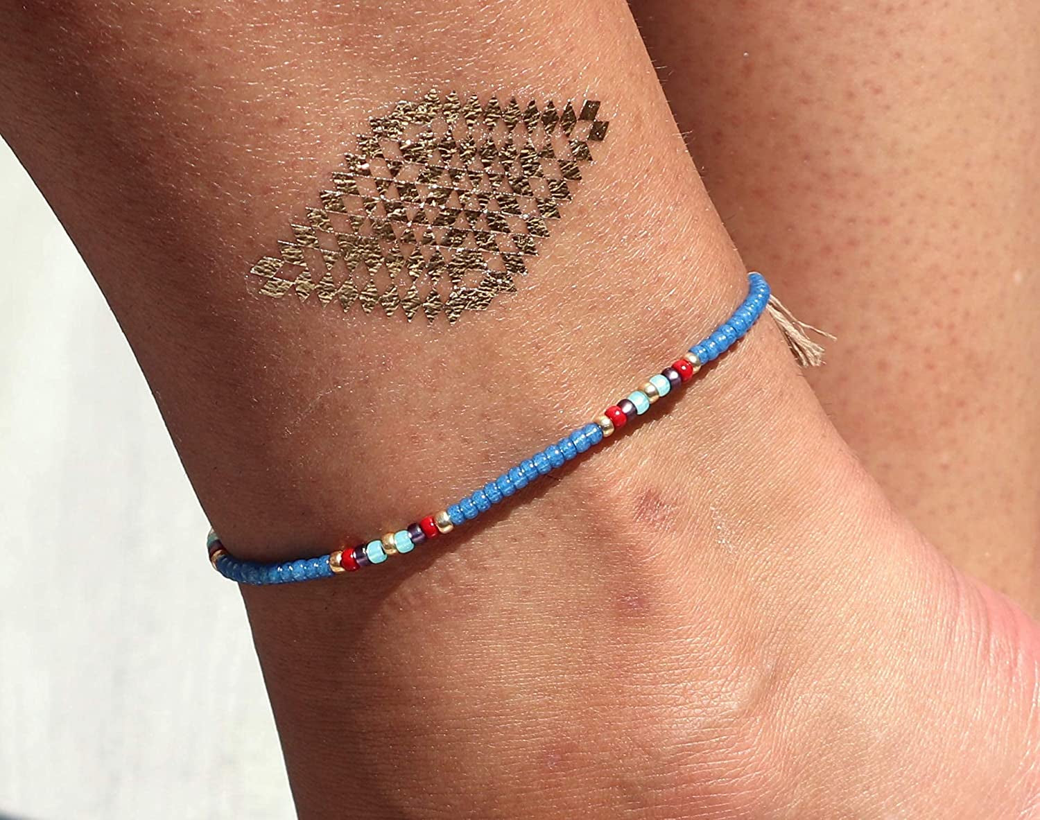 Beaded Anklet for Women, Unique Boho Bohemian Hippie Native American Beach Waterproof Anklet, Blue Gold Colorful, Handmade by Tribes Apparel & Accessories > Jewelry > Anklets Tribes by Sara K