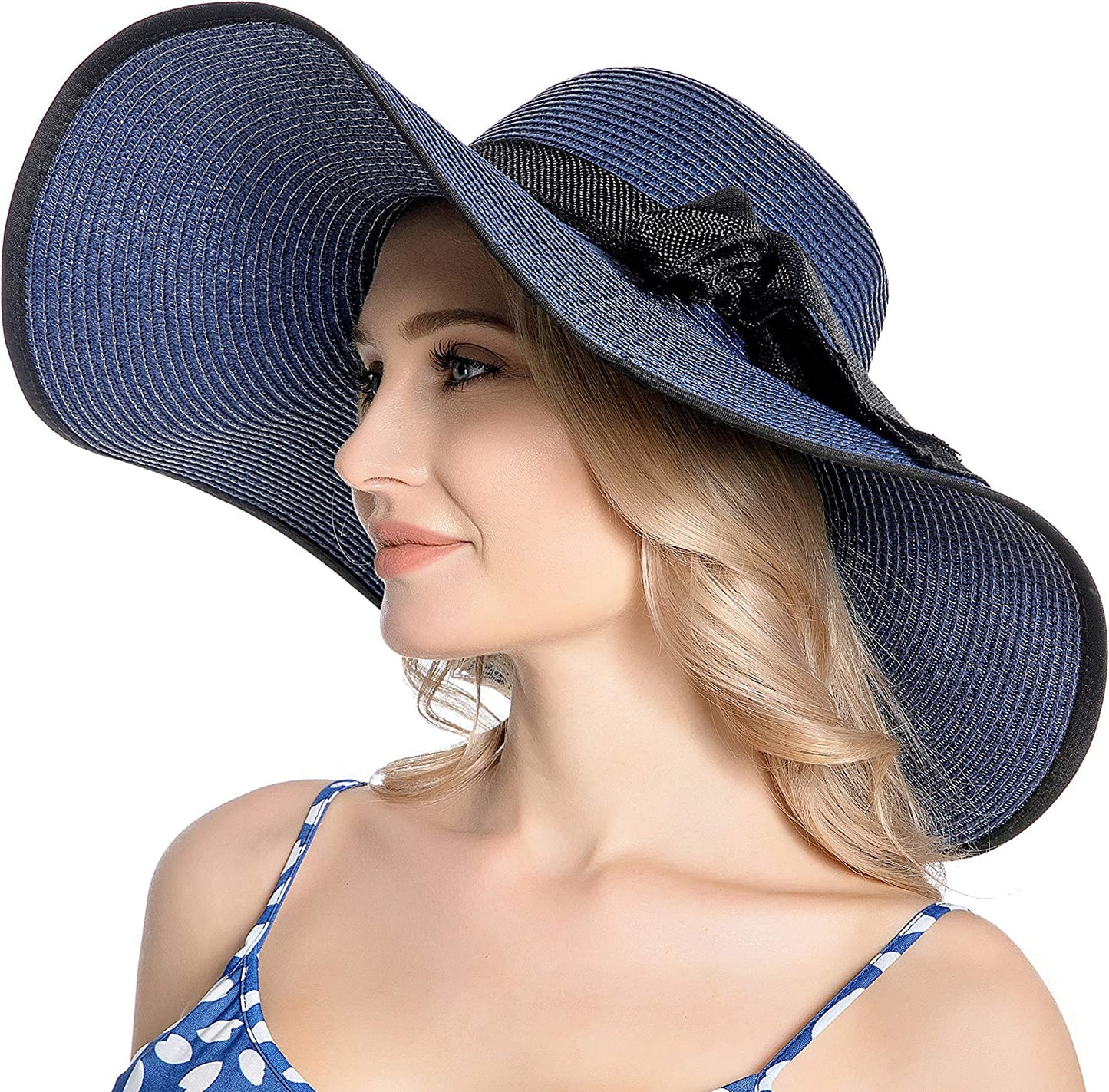 Muryobao Womens Sun Straw Hat Wide Brim UV UPF 50 Summer Hat Foldable Roll up Floppy Beach Cap for Women Apparel & Accessories > Clothing Accessories > Hats Muryobao Navy Blue