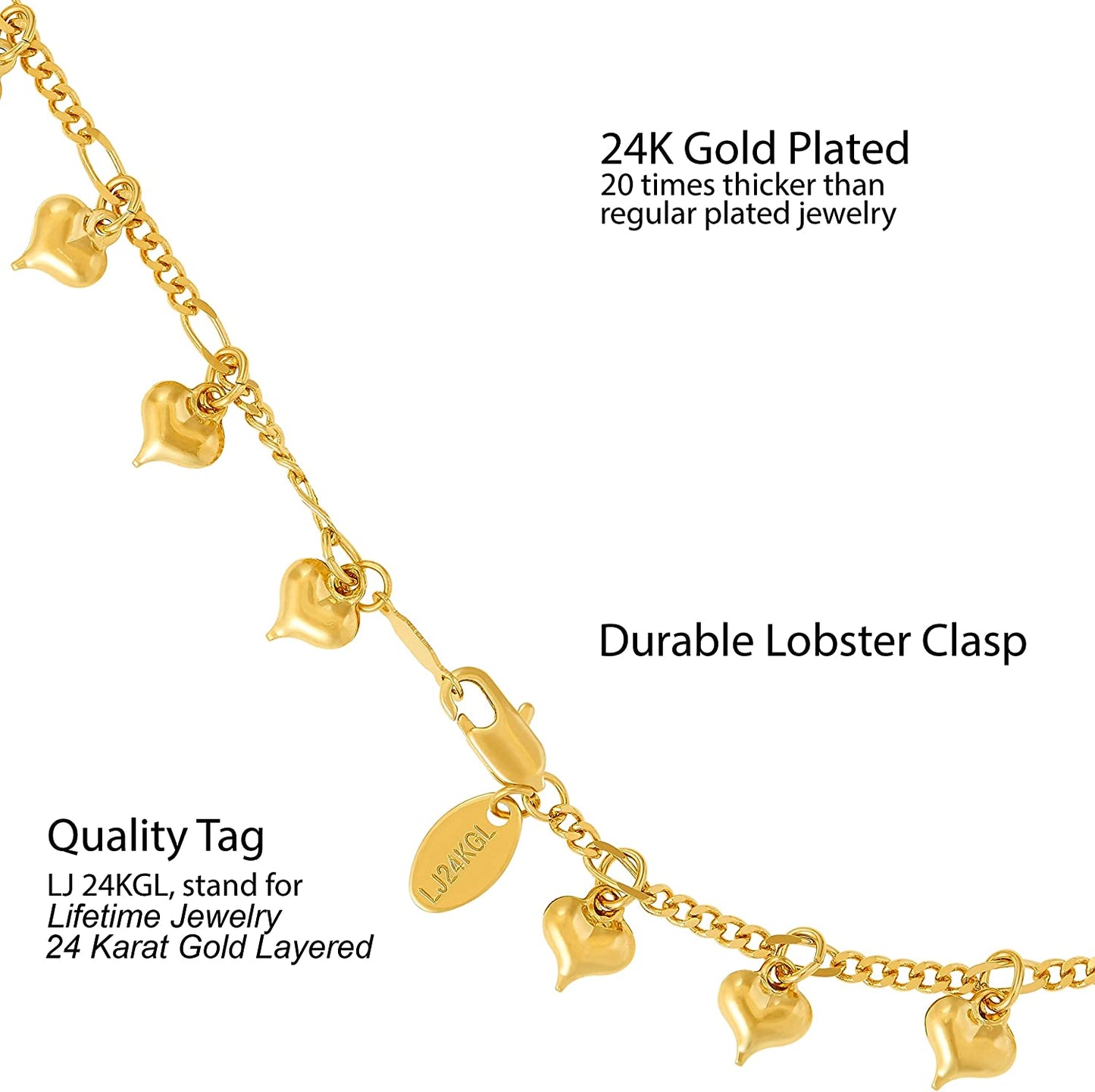 LIFETIME JEWELRY Dangling Hearts Anklet for Women & Teen Girls 24K Gold Plated Apparel & Accessories > Jewelry > Anklets Lifetime Products Group