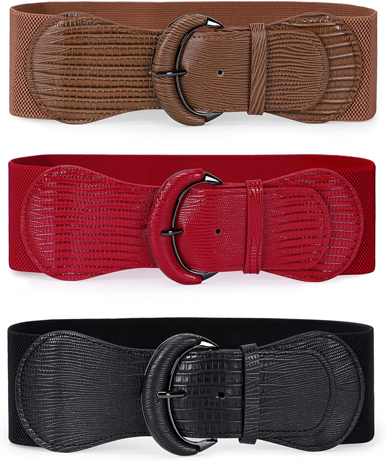JASGOOD Women Stretchy Wide Waist Belt for Dress Ladies Elastic Belt Hook Buckle Apparel & Accessories > Clothing Accessories > Belts KYLIE MAX F-black+brown+red Suit for size 31"-36"