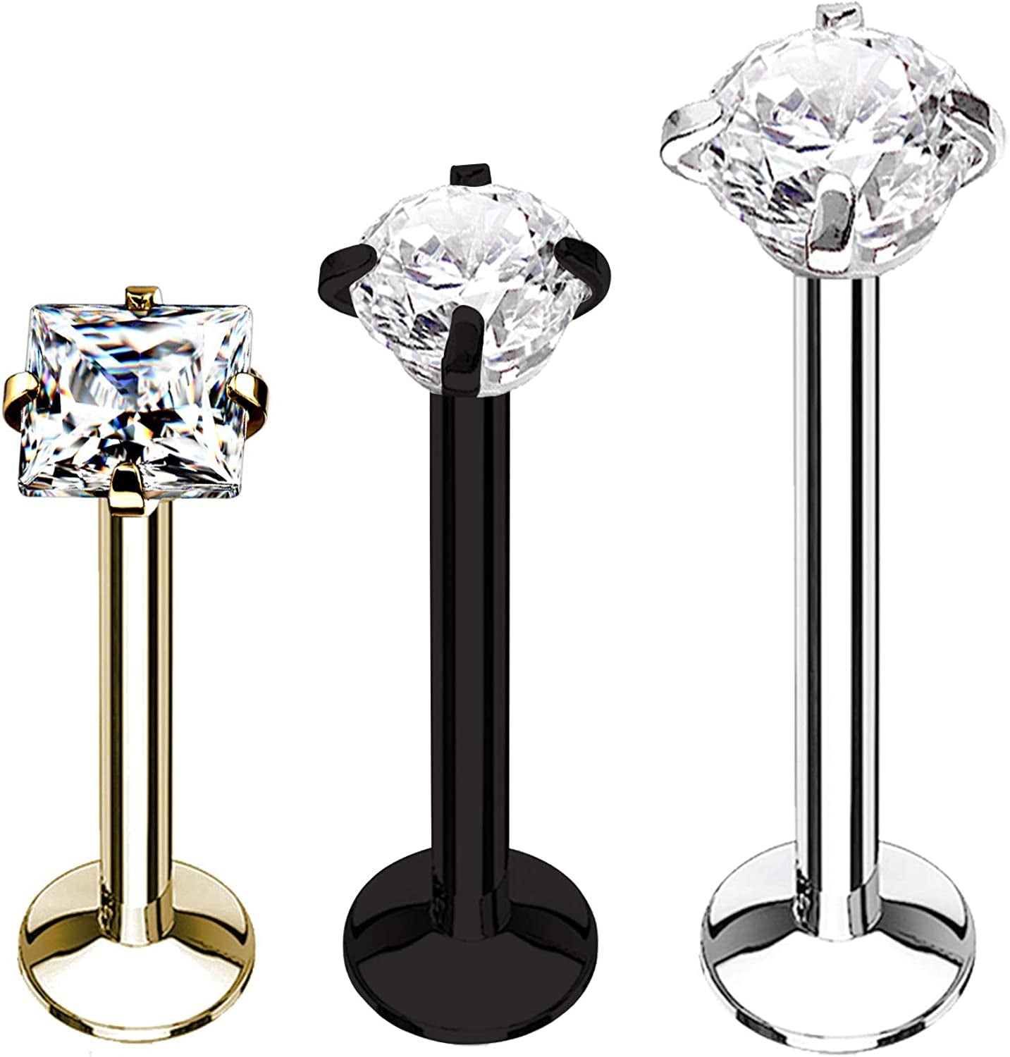 Bodyj4You 3PC Labret Tragus Stud Earrings | 16G Surgical Stainless Steel CZ Crystal | Monroe Helix Cartialge Conch Medusa Lip | Body Piercing Jewelry Set Apparel & Accessories > Jewelry > Body Jewelry BodyJ4You Silvertone, Black, Goldtone