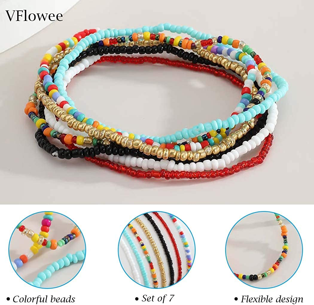 Boho Handmade Beaded African Anklets Multicolor Women Stretch Seed Beads Rainbow Ankle Bracelets Glass Bead Bracelet Elastic Foot and Hand Chain Jewelry (7PCS) Apparel & Accessories > Jewelry > Anklets NEEBAOLY