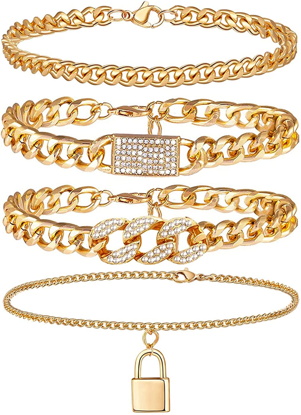 Ronglry 5Pcs Gold Ankle Bracelets for Women Girls Cuban Link Ankle Bracelet Cuban Chain Anklet Butterfly Anklet Set Rhinestone Tennis Anklet Adjustable Layered Link Anklets Summer Beach Gifts Apparel & Accessories > Jewelry > Anklets Ronglry 4Lock