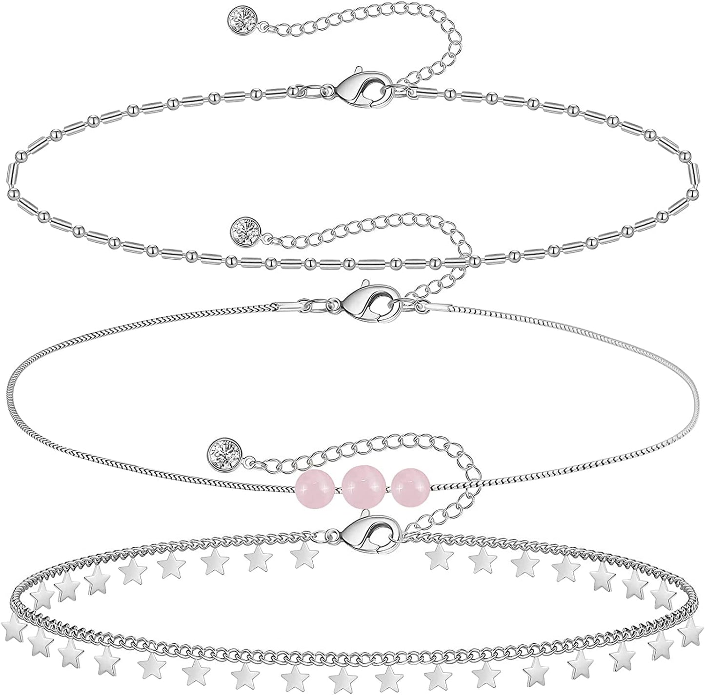 Gold Ankle Bracelets for Women 14K Gold Plated Anklet Silver Tennis Rose Quartz Cross Bead Herringbone Snake Paperclip Chain Cubic Zirconia Dainty Layered Anklet Set 3Pcs Apparel & Accessories > Jewelry > Anklets WeSparking N-White Gold-Star