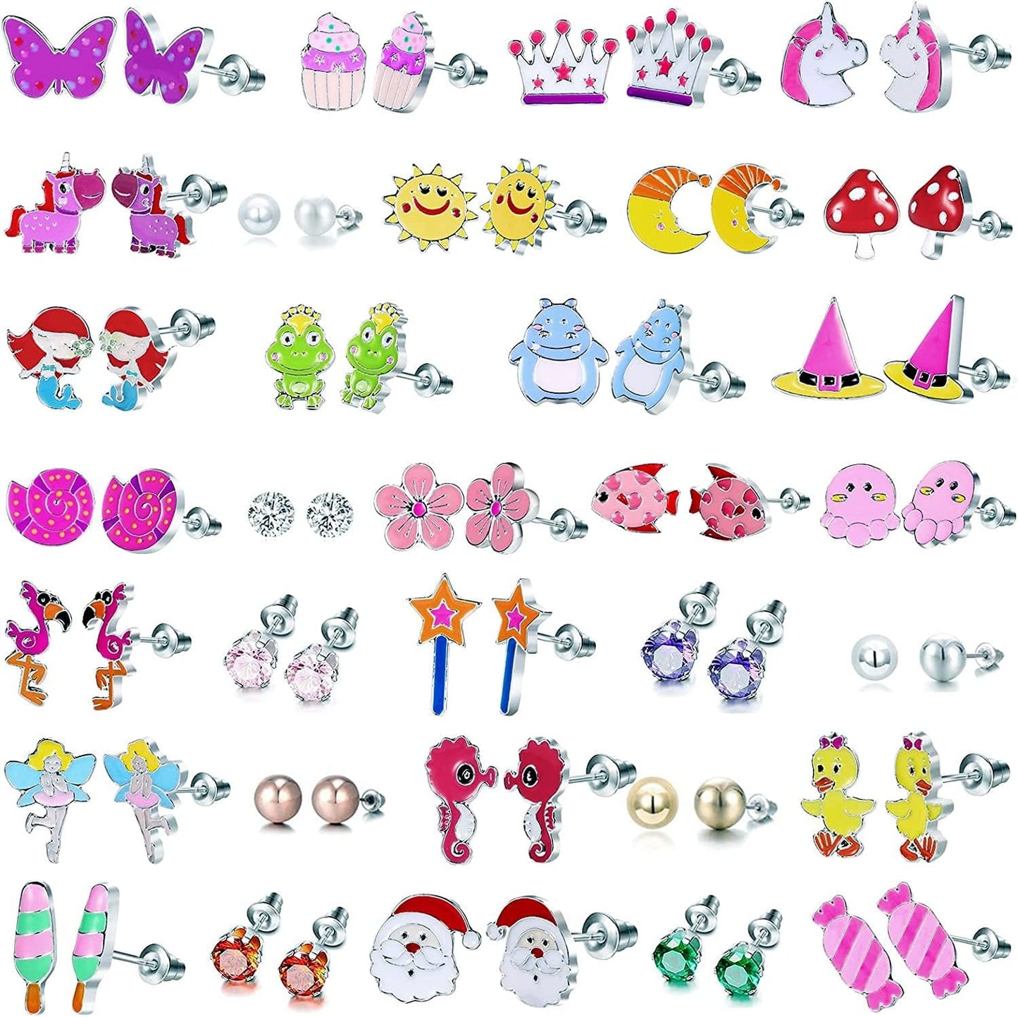 24/30/33 Pairs Hypoallergenic Earrings for Girls Sensitive Ears Studs Set - Cute Earrings for Teen Girls - CZ Stud Earrings for Little Girls - Animal Earrings for Kids #4-33pairs
