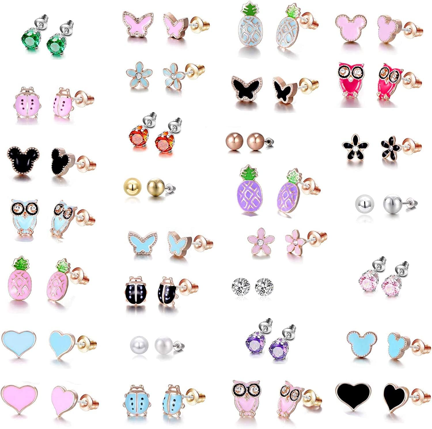 24/30/33 Pairs Hypoallergenic Earrings for Girls Sensitive Ears Studs Set - Cute Earrings for Teen Girls - CZ Stud Earrings for Little Girls - Animal Earrings for Kids #5
