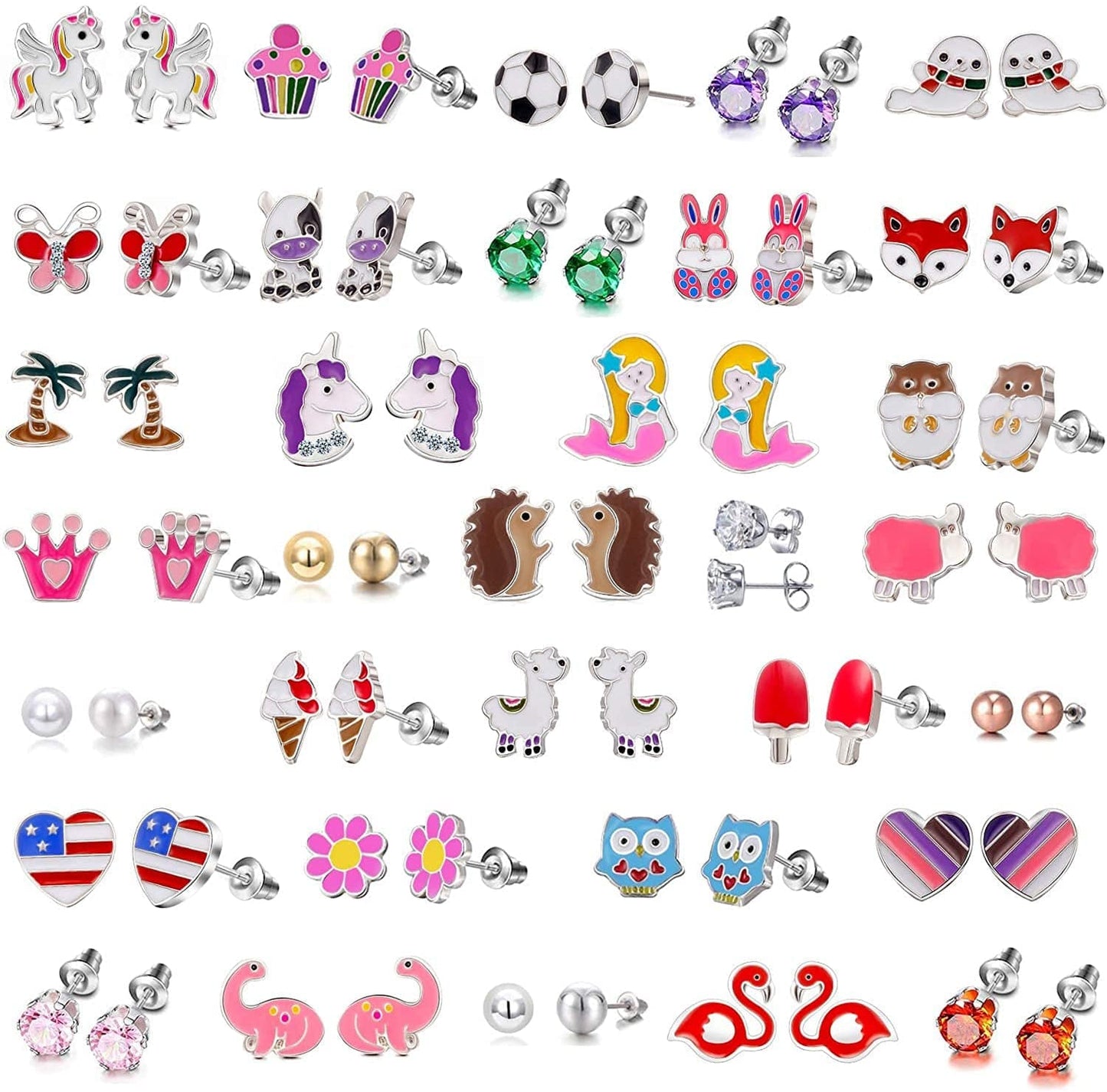 24/30/33 Pairs Hypoallergenic Earrings for Girls Sensitive Ears Studs Set - Cute Earrings for Teen Girls - CZ Stud Earrings for Little Girls - Animal Earrings for Kids #1-33pairs