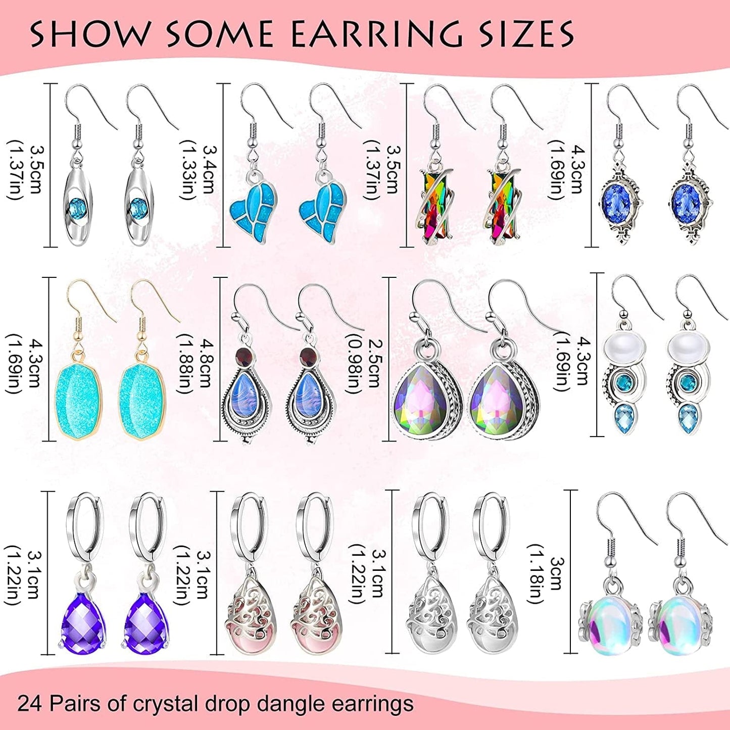 24 Pairs Crystal Teardrop Dangle Earrings Cubic Zirconia Hoop Earrings Boho Threader Earrings Set for Women Girls Christmas