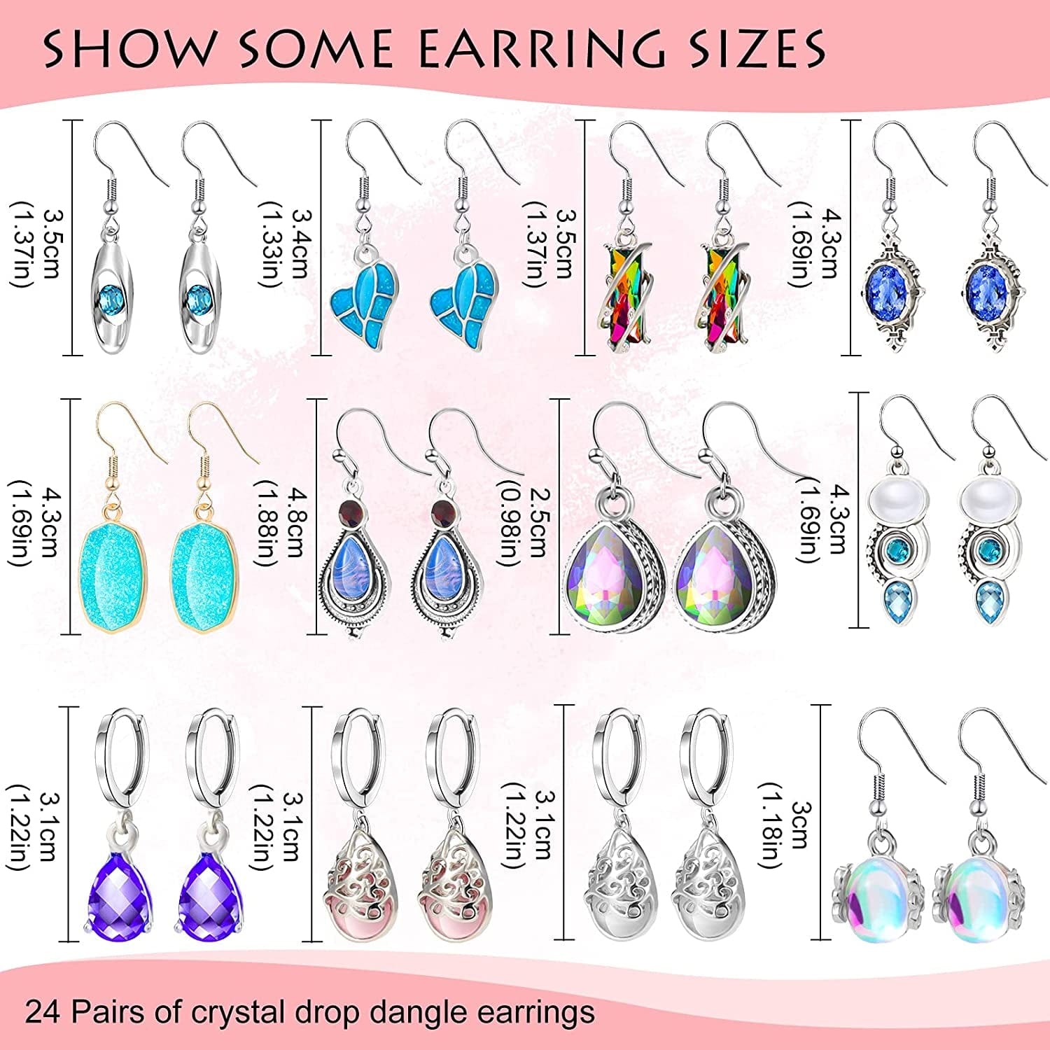 24 Pairs Crystal Teardrop Dangle Earrings Cubic Zirconia Hoop Earrings Boho Threader Earrings Set for Women Girls Christmas
