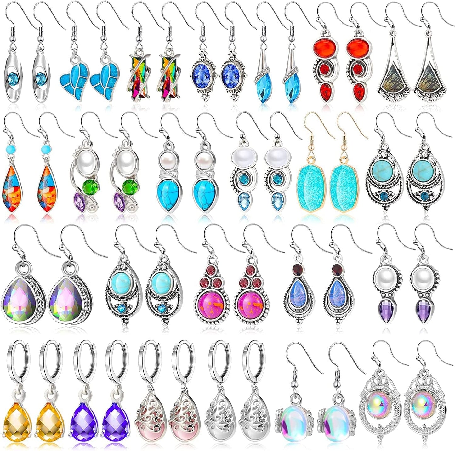 24 Pairs Crystal Teardrop Dangle Earrings Cubic Zirconia Hoop Earrings Boho Threader Earrings Set for Women Girls Christmas Vintage Style