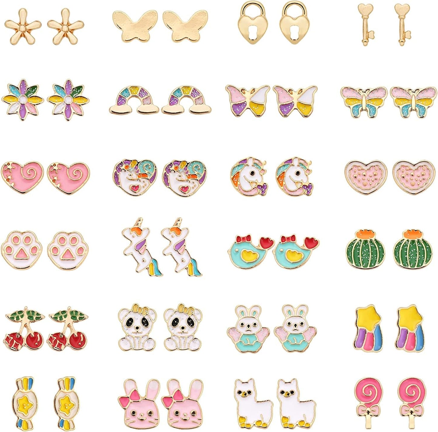24 Pairs Hypoallergenic Earrings Set for Girls Teens Kids Stainless Steel Stud Earrings Set Animal Butterfly Rainbow Star Unicorn Cute Earring Jewelry Gifts for Girls Kids Women Purple