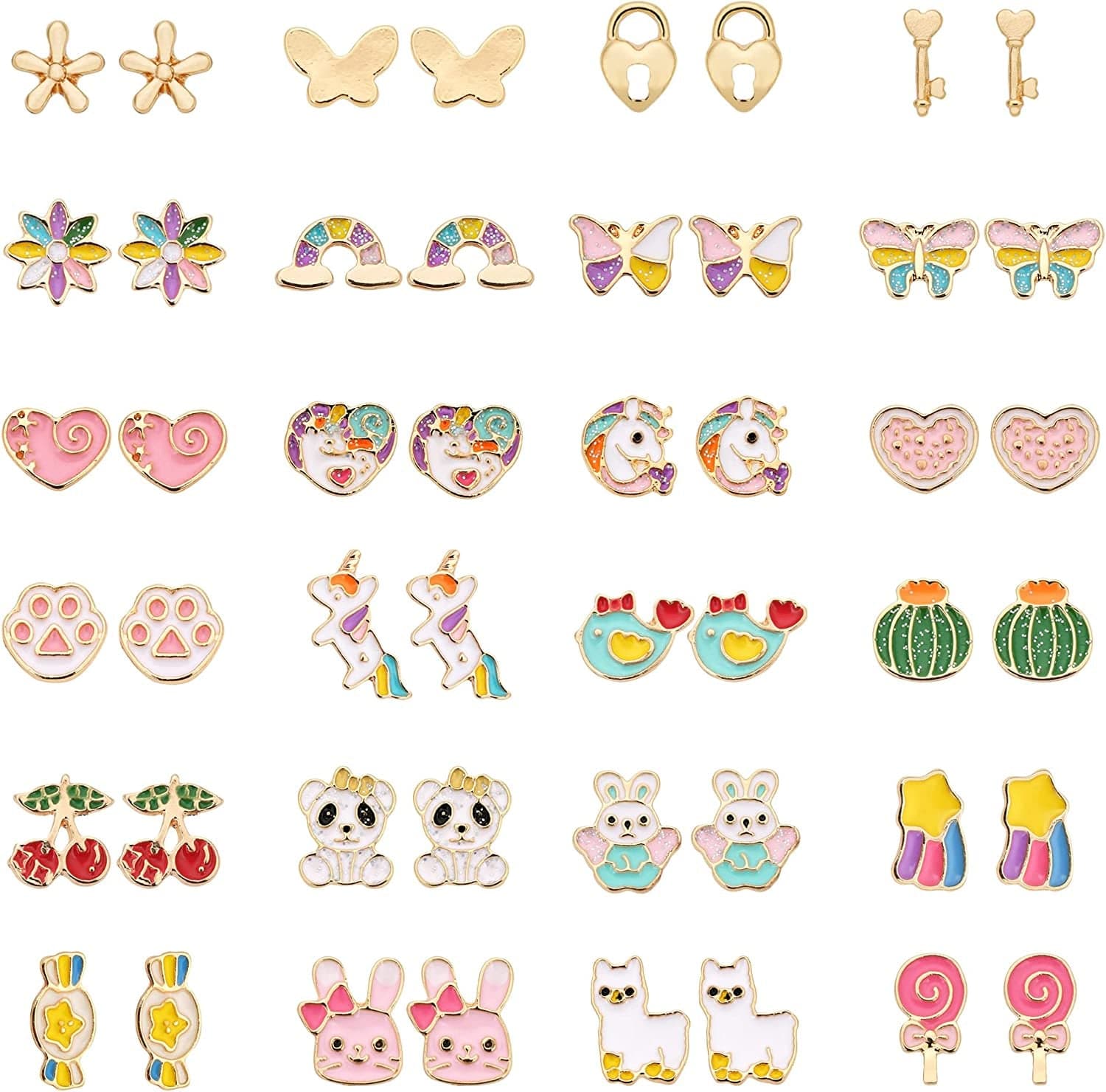 24 Pairs Hypoallergenic Earrings Set for Girls Teens Kids Stainless Steel Stud Earrings Set Animal Butterfly Rainbow Star Unicorn Cute Earring Jewelry Gifts for Girls Kids Women Purple