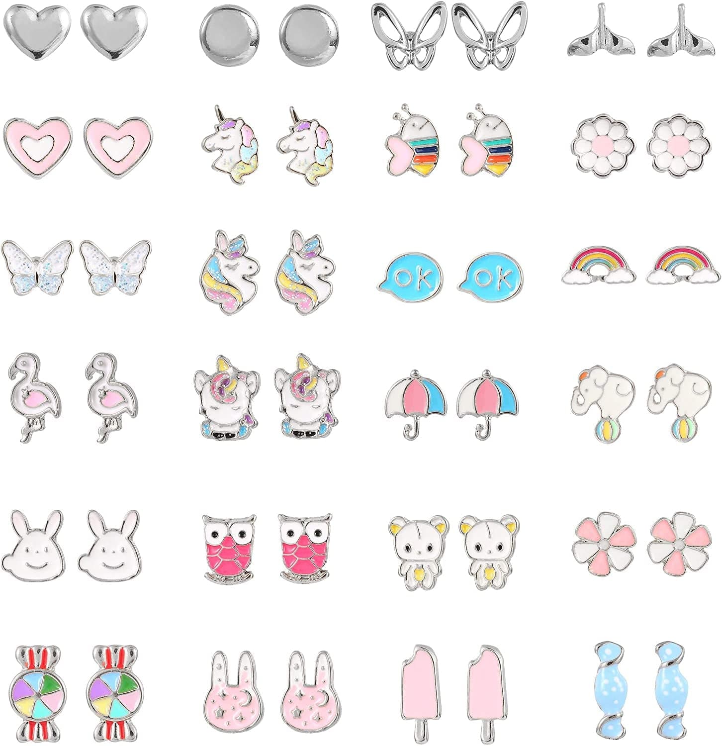 24 Pairs Hypoallergenic Earrings Set for Girls Teens Kids Stainless Steel Stud Earrings Set Animal Butterfly Rainbow Star Unicorn Cute Earring Jewelry Gifts for Girls Kids Women Silver