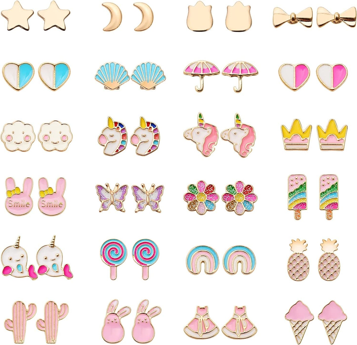 24 Pairs Hypoallergenic Earrings Set for Girls Teens Kids Stainless Steel Stud Earrings Set Animal Butterfly Rainbow Star Unicorn Cute Earring Jewelry Gifts for Girls Kids Women Pink