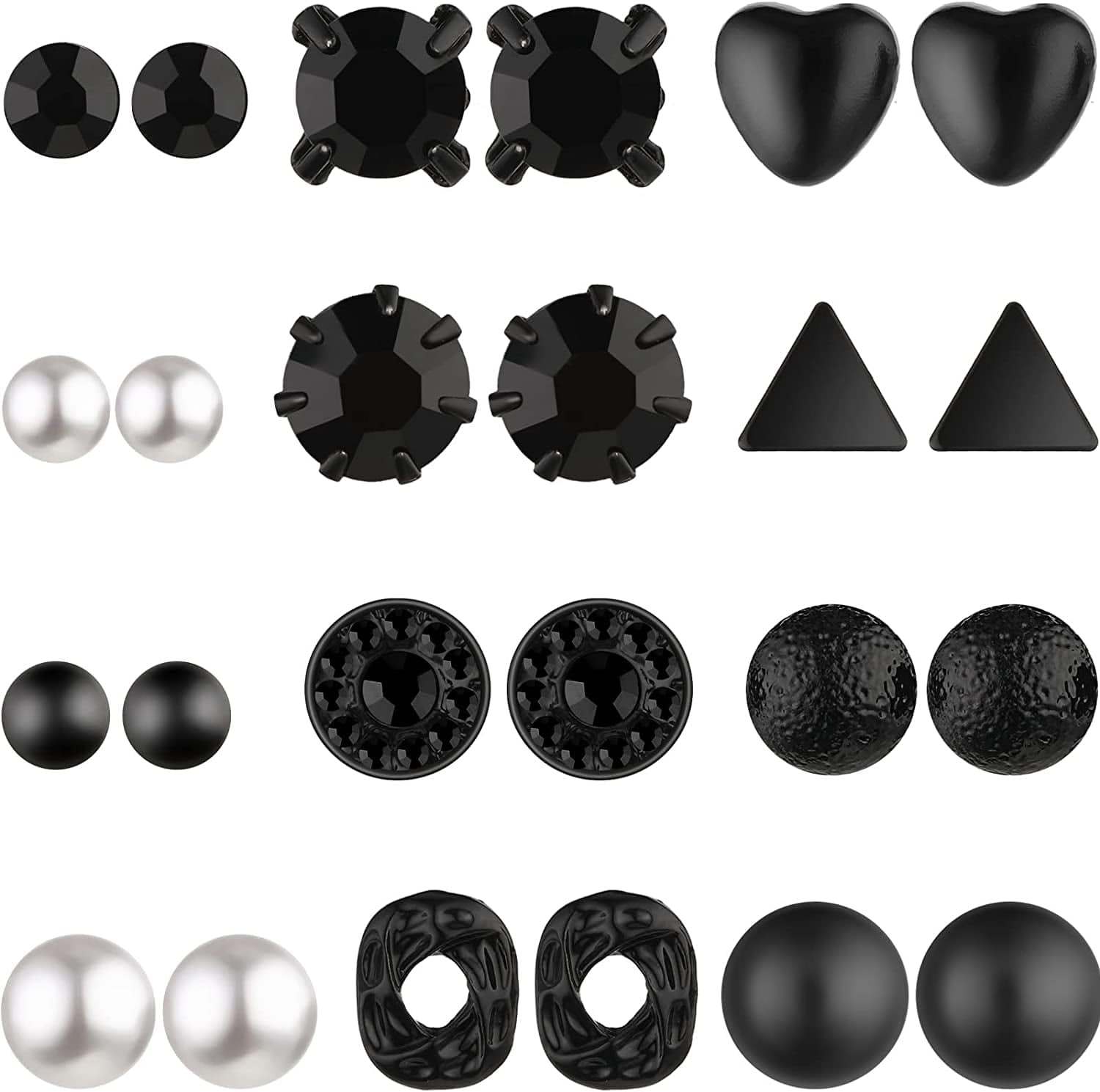 24 Pairs Stud Earrings Crystal Pearl Earring Set Ear Stud Jewelry for Girls Women Men, Silver and Gold Black