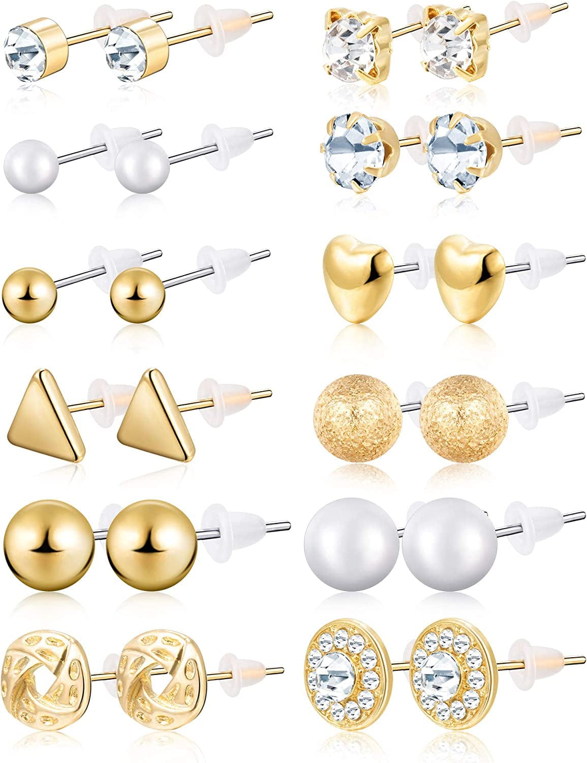24 Pairs Stud Earrings Crystal Pearl Earring Set Ear Stud Jewelry for Girls Women Men, Silver and Gold Gold