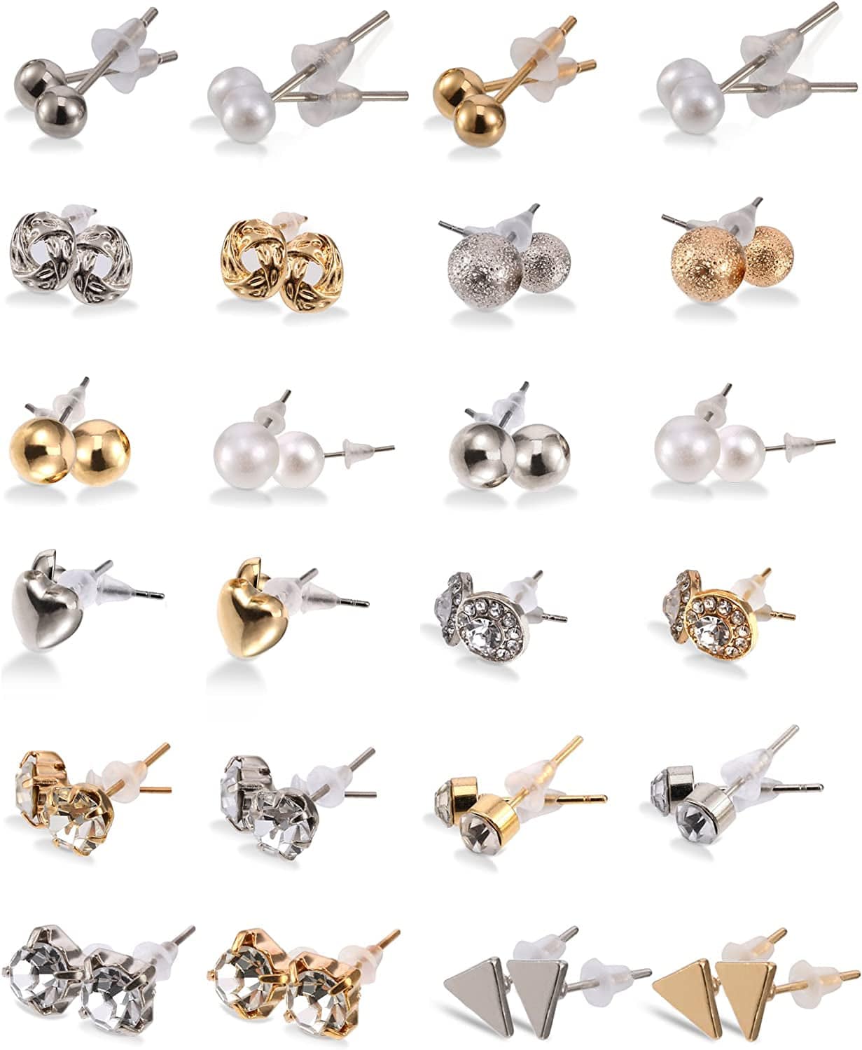 24 Pairs Stud Earrings Crystal Pearl Earring Set Ear Stud Jewelry for Girls Women Men, Silver and Gold