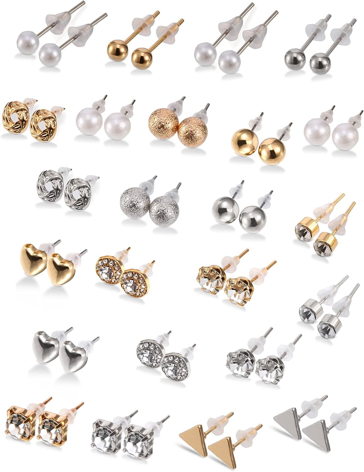 24 Pairs Stud Earrings Crystal Pearl Earring Set Ear Stud Jewelry for Girls Women Men, Silver and Gold