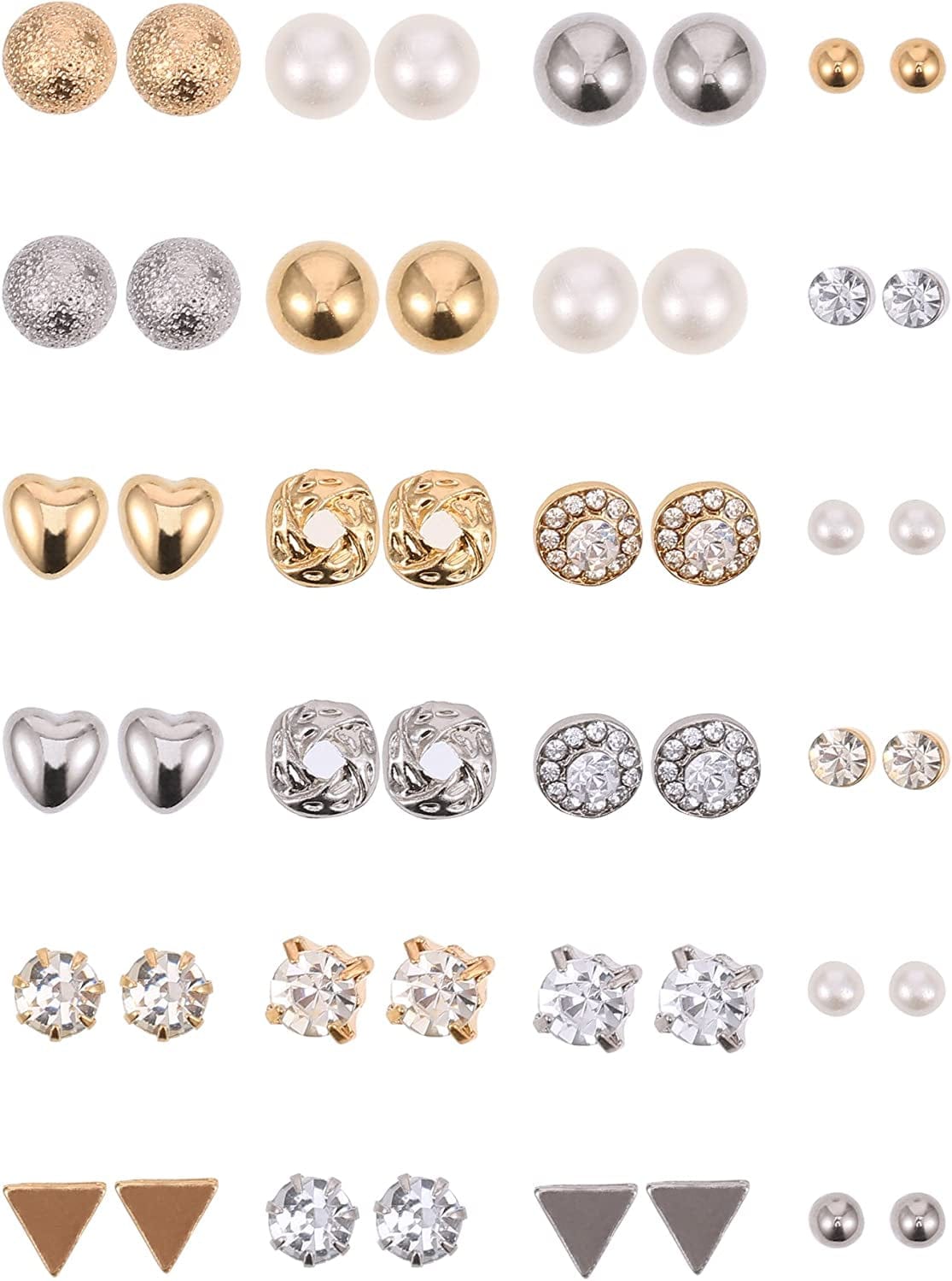 24 Pairs Stud Earrings Crystal Pearl Earring Set Ear Stud Jewelry for Girls Women Men, Silver and Gold Sliver & Gold