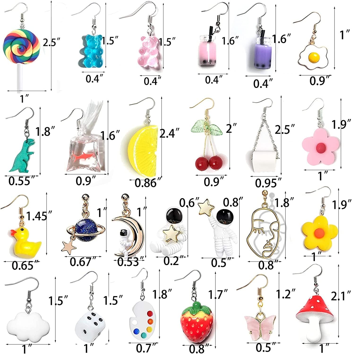 24 Pairs Weird Cute Earrings Drop Dangle Earrings for Women Girls Planet Astronaut Moon and Stars Face Dinosaur Bear Lollipop Fish Strawberry Mushroom Flowers Egg and Many More Drop