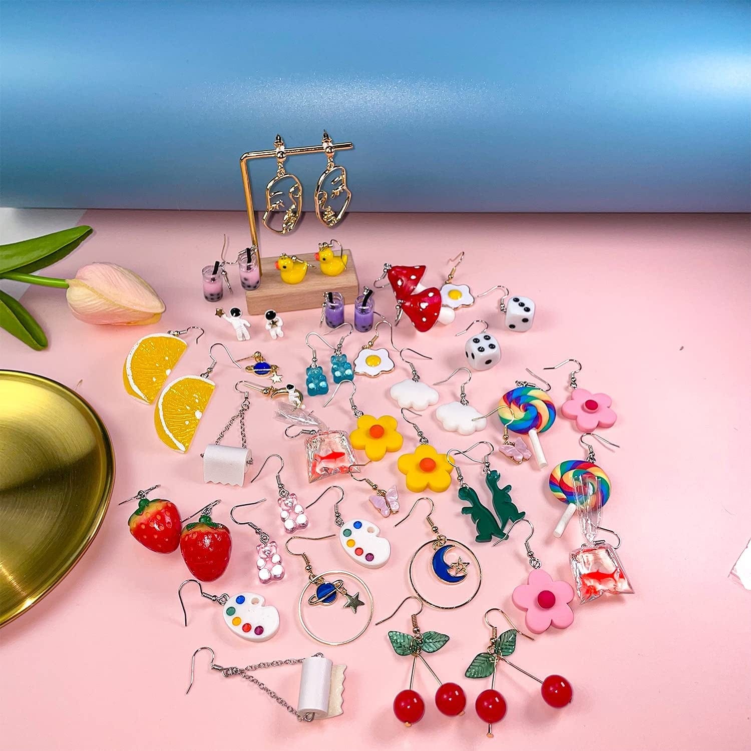 24 Pairs Weird Cute Earrings Drop Dangle Earrings for Women Girls Planet Astronaut Moon and Stars Face Dinosaur Bear Lollipop Fish Strawberry Mushroom Flowers Egg and Many More Drop