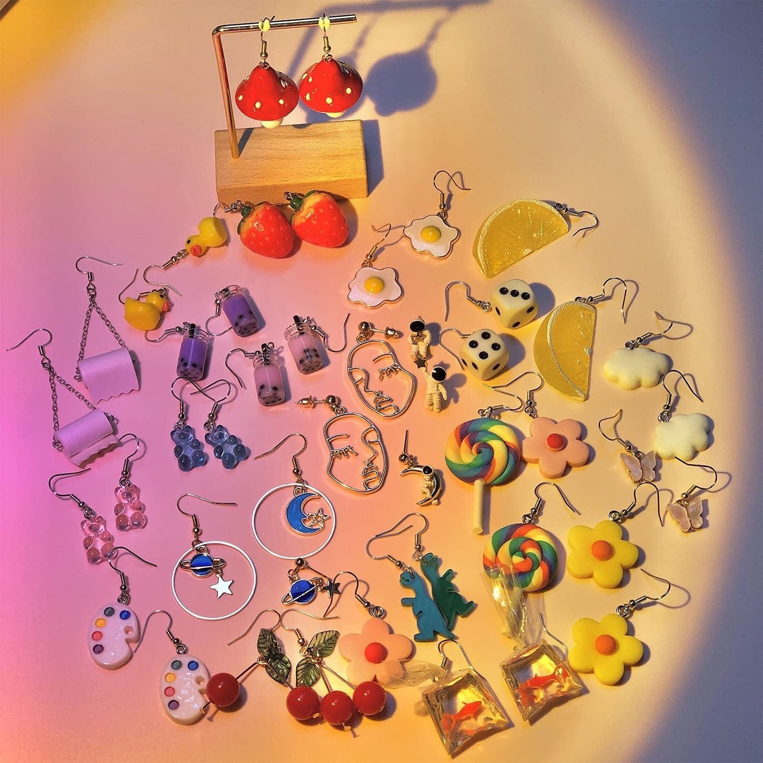 24 Pairs Weird Cute Earrings Drop Dangle Earrings for Women Girls Planet Astronaut Moon and Stars Face Dinosaur Bear Lollipop Fish Strawberry Mushroom Flowers Egg and Many More Drop