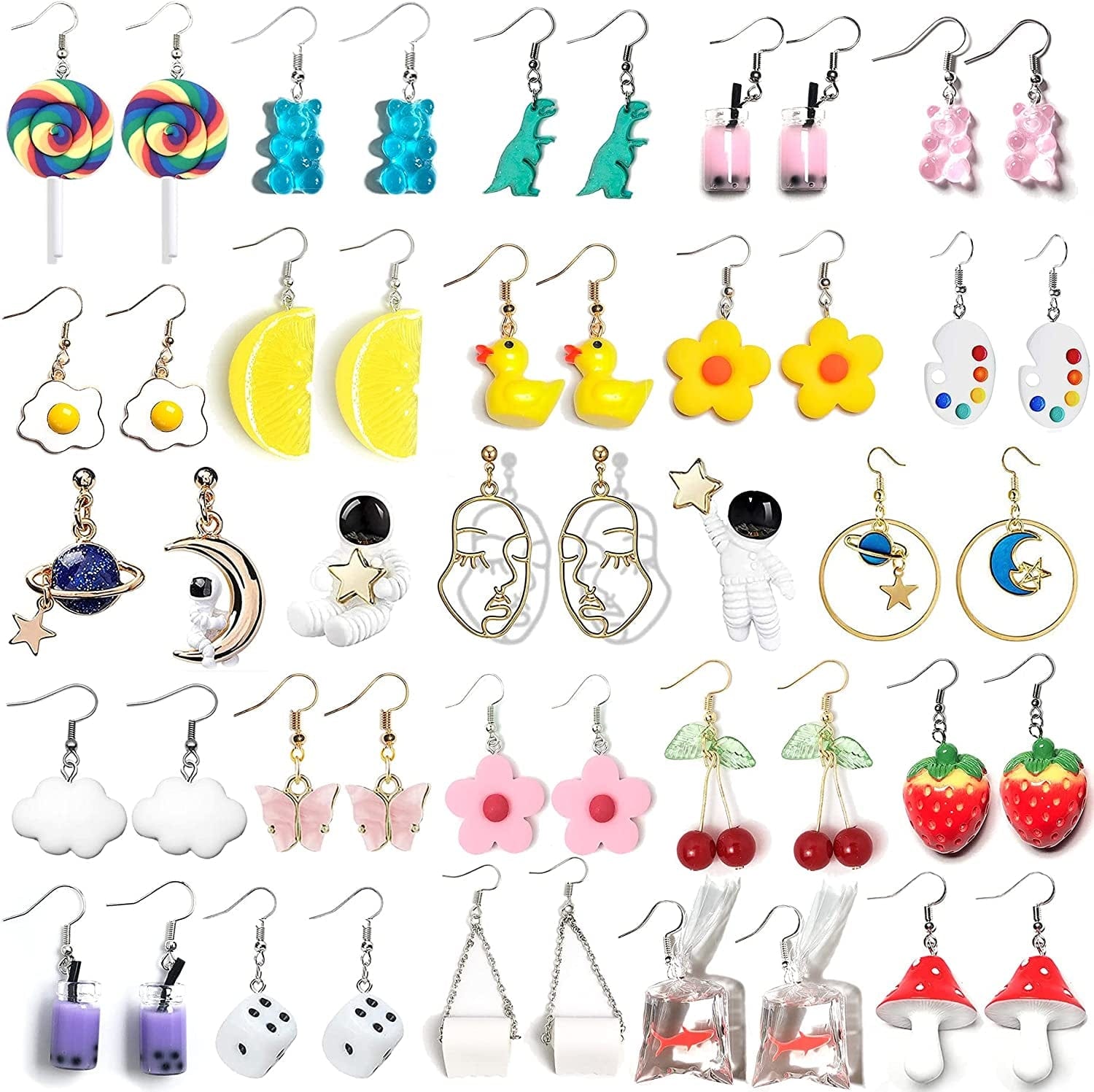 24 Pairs Weird Cute Earrings Drop Dangle Earrings for Women Girls Planet Astronaut Moon and Stars Face Dinosaur Bear Lollipop Fish Strawberry Mushroom Flowers Egg and Many More Drop