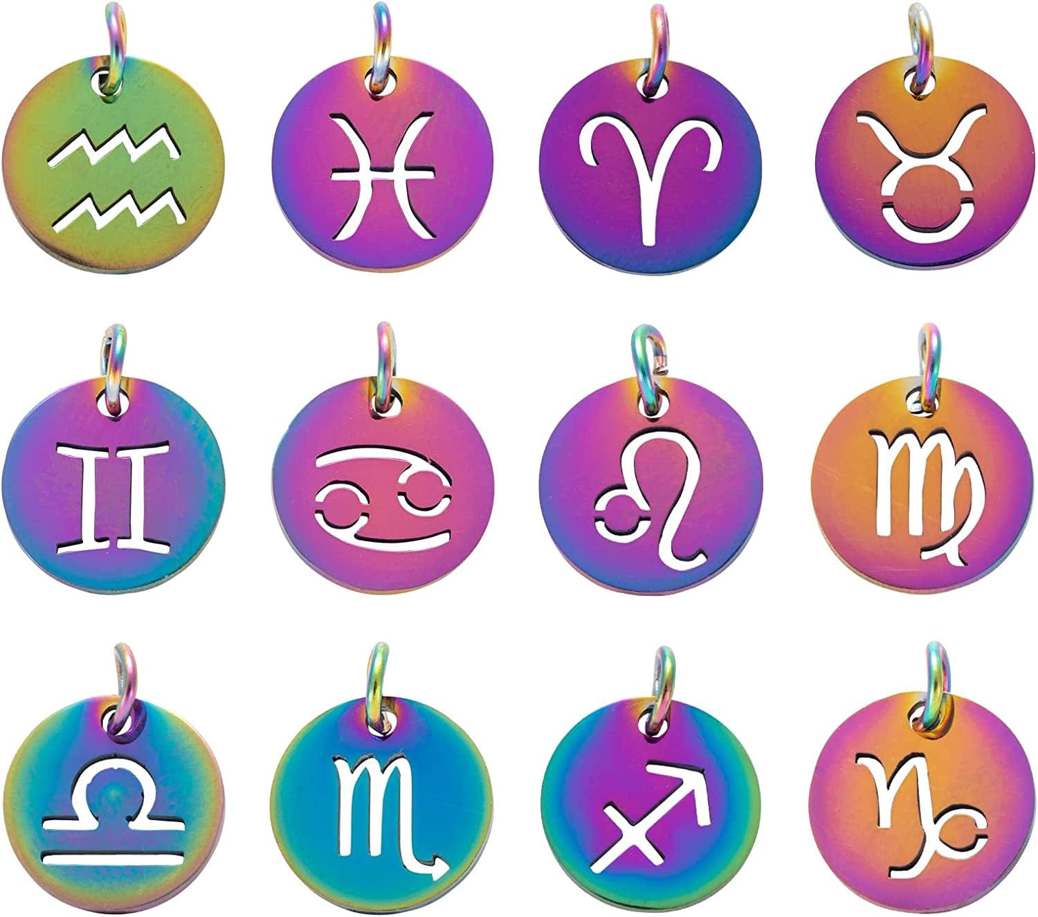 24 Pcs 12 Constellation Charms Flat round Constellation Rainbow Pendants Zodiac Sign Pendants Charm for Jewelry Earring Necklace Making