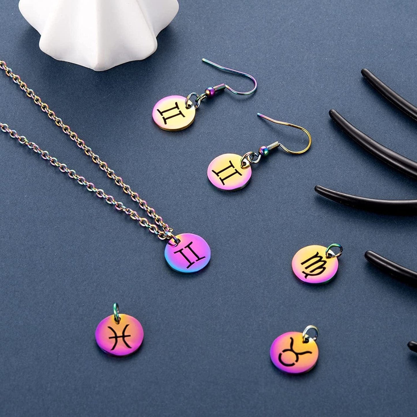 24 Pcs 12 Constellation Charms Flat round Constellation Rainbow Pendants Zodiac Sign Pendants Charm for Jewelry Earring Necklace Making