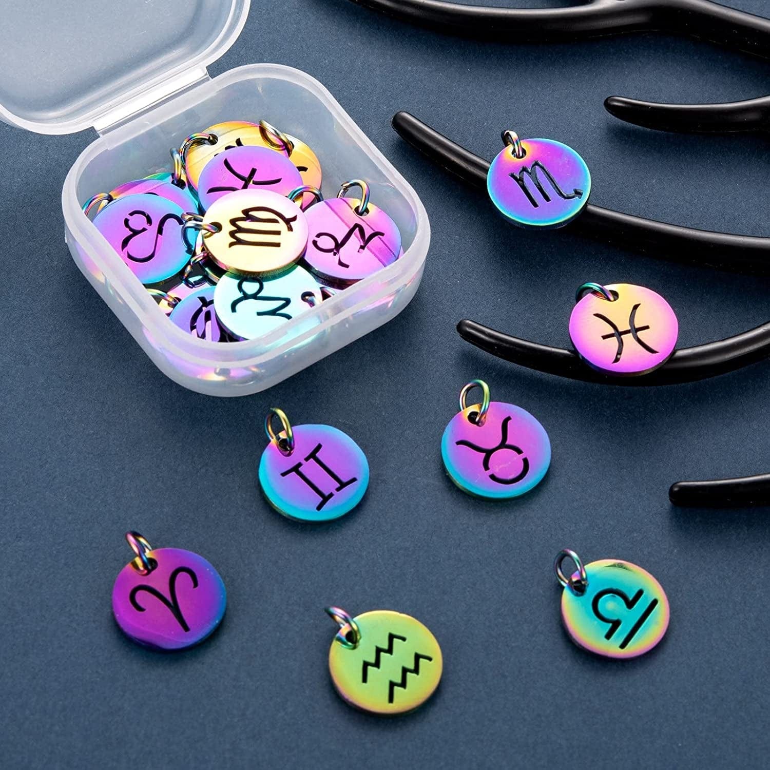 24 Pcs 12 Constellation Charms Flat round Constellation Rainbow Pendants Zodiac Sign Pendants Charm for Jewelry Earring Necklace Making