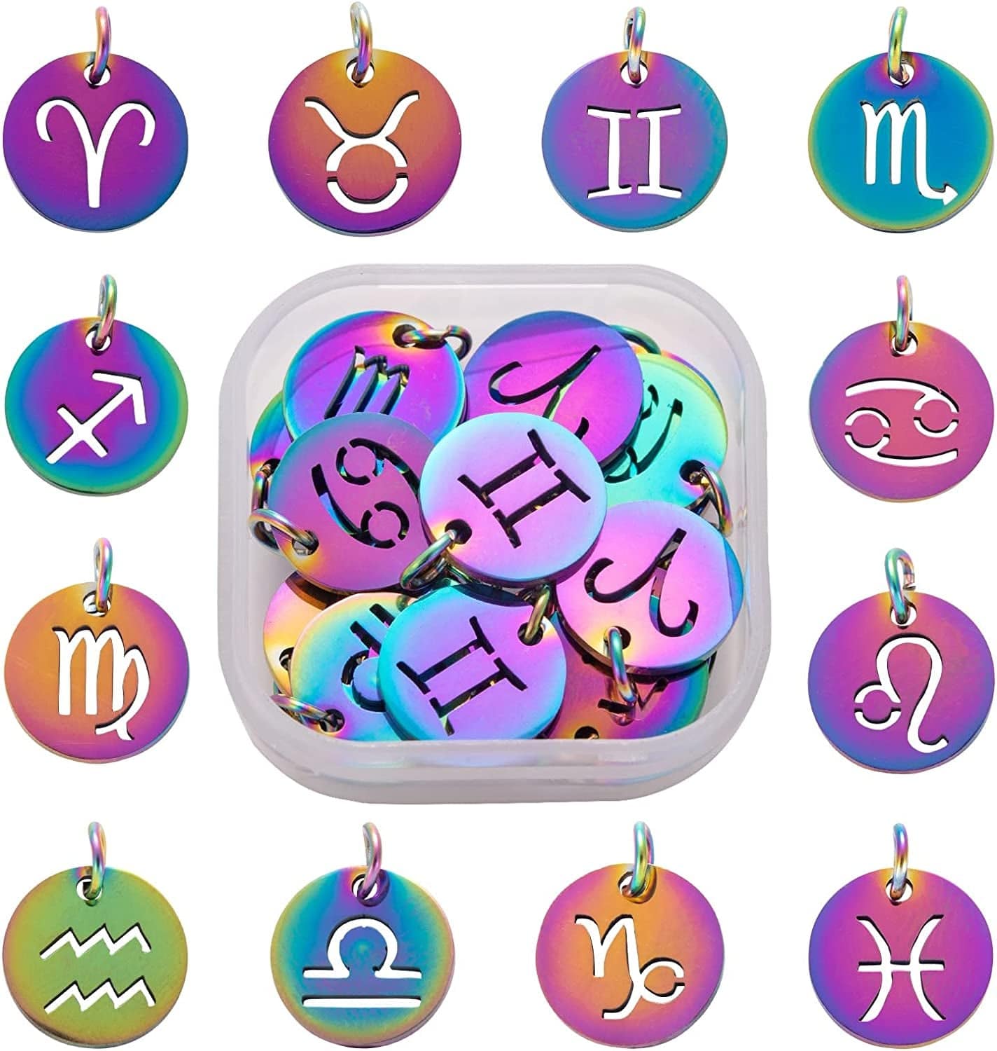 24 Pcs 12 Constellation Charms Flat round Constellation Rainbow Pendants Zodiac Sign Pendants Charm for Jewelry Earring Necklace Making A-constellation