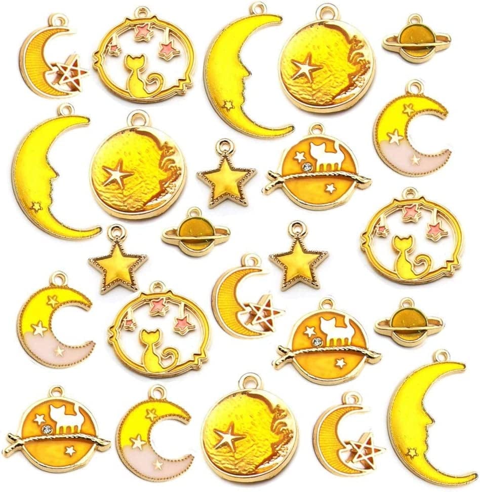 24 Pcs Assorted Gold Plated Enamel Cat Moon Star Celestial Charm Pendant DIY for Earrings Necklace Bracelet Jewelry Making and Crafting (M582-Purple) Yellow