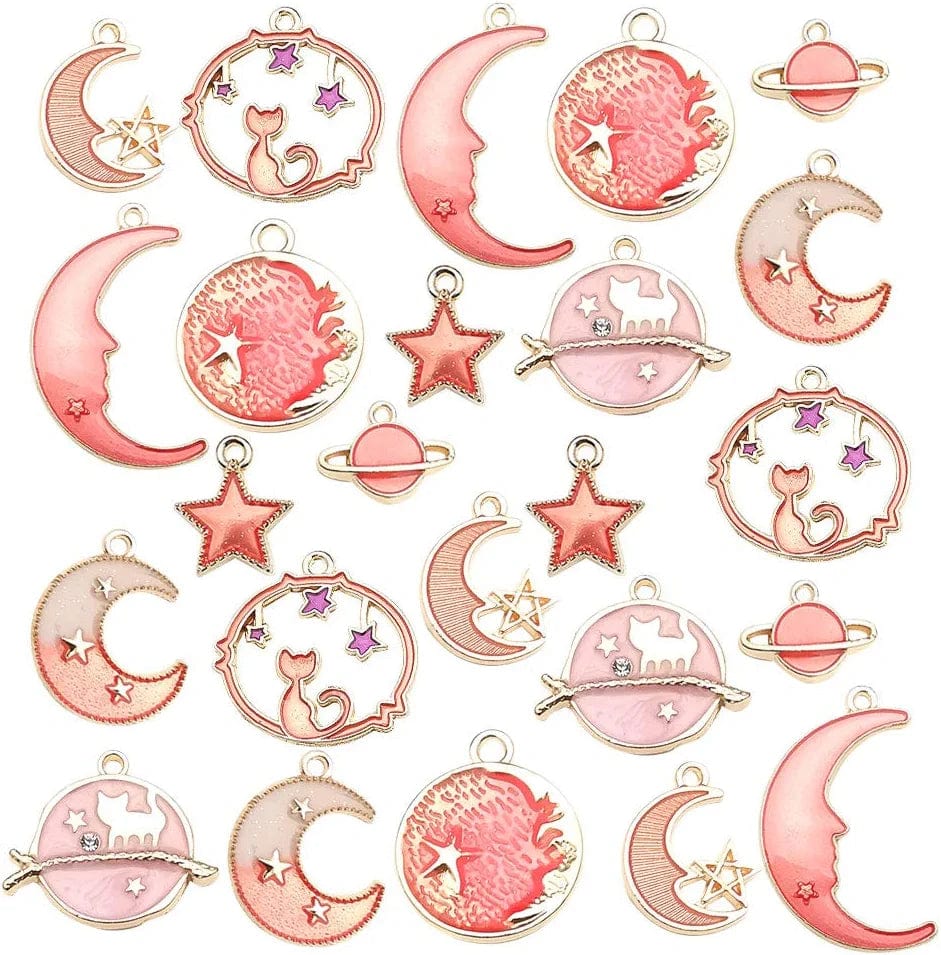 24 Pcs Assorted Gold Plated Enamel Cat Moon Star Celestial Charm Pendant DIY for Earrings Necklace Bracelet Jewelry Making and Crafting (M582-Purple) Pink