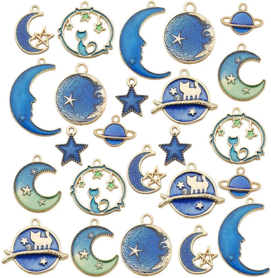 24 Pcs Assorted Gold Plated Enamel Cat Moon Star Celestial Charm Pendant DIY for Earrings Necklace Bracelet Jewelry Making and Crafting (M582-Purple) Blue