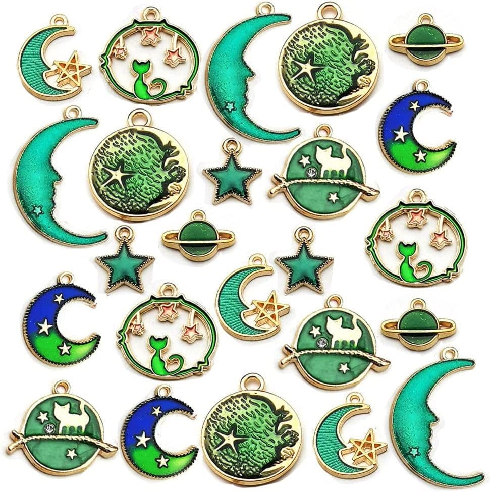 24 Pcs Assorted Gold Plated Enamel Cat Moon Star Celestial Charm Pendant DIY for Earrings Necklace Bracelet Jewelry Making and Crafting (M582-Purple) Green