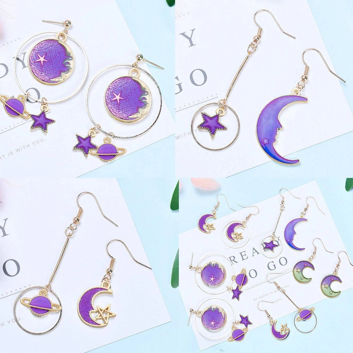 24 Pcs Assorted Gold Plated Enamel Cat Moon Star Celestial Charm Pendant DIY for Earrings Necklace Bracelet Jewelry Making and Crafting (M582-Purple)