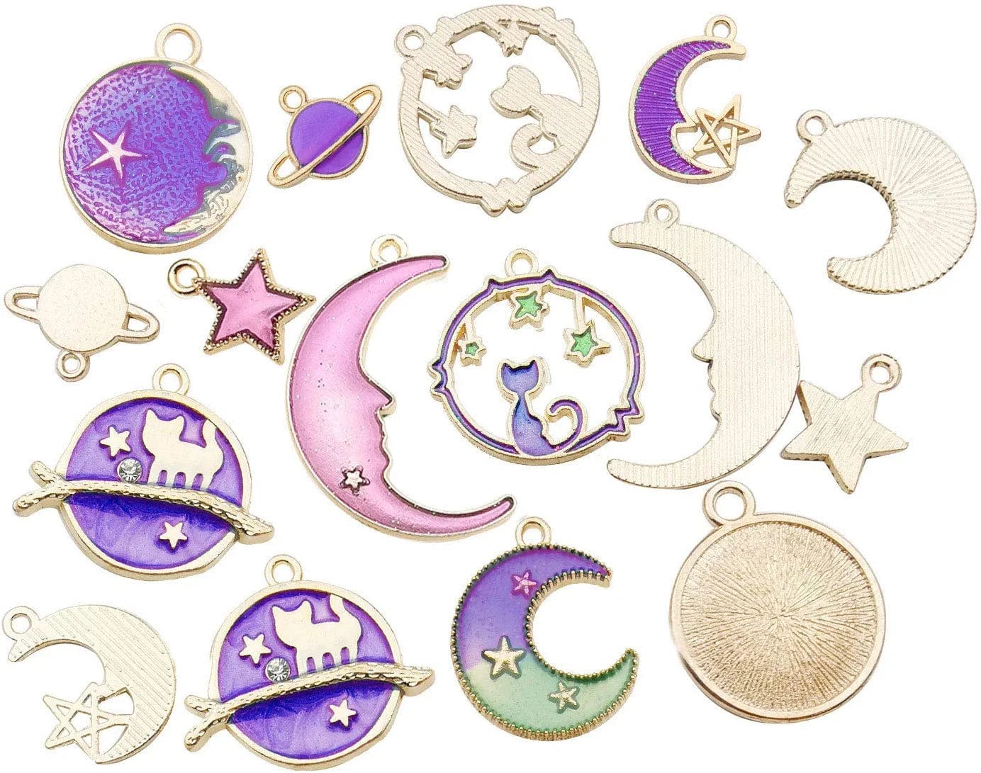 24 Pcs Assorted Gold Plated Enamel Cat Moon Star Celestial Charm Pendant DIY for Earrings Necklace Bracelet Jewelry Making and Crafting (M582-Purple)