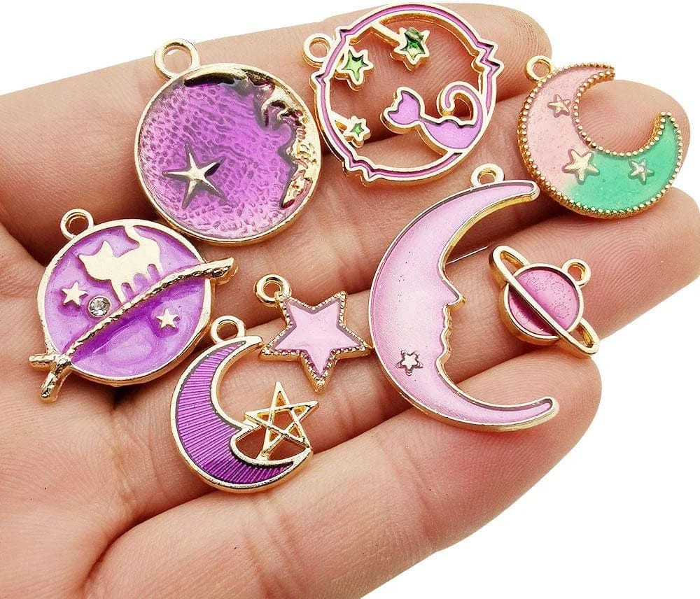 24 Pcs Assorted Gold Plated Enamel Cat Moon Star Celestial Charm Pendant DIY for Earrings Necklace Bracelet Jewelry Making and Crafting (M582-Purple)