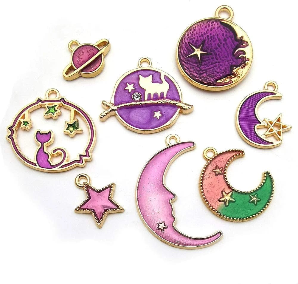 24 Pcs Assorted Gold Plated Enamel Cat Moon Star Celestial Charm Pendant DIY for Earrings Necklace Bracelet Jewelry Making and Crafting (M582-Purple)