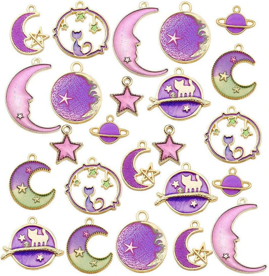 24 Pcs Assorted Gold Plated Enamel Cat Moon Star Celestial Charm Pendant DIY for Earrings Necklace Bracelet Jewelry Making and Crafting (M582-Purple) Purple